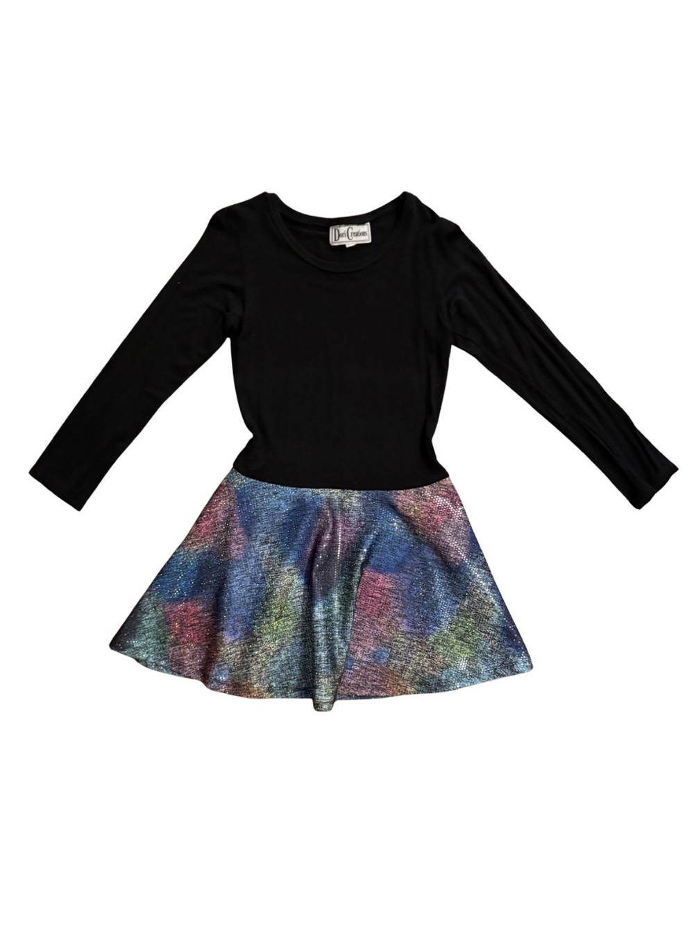 Dori Creations black dress with holographic rainbow skirt dress size 6 EUC